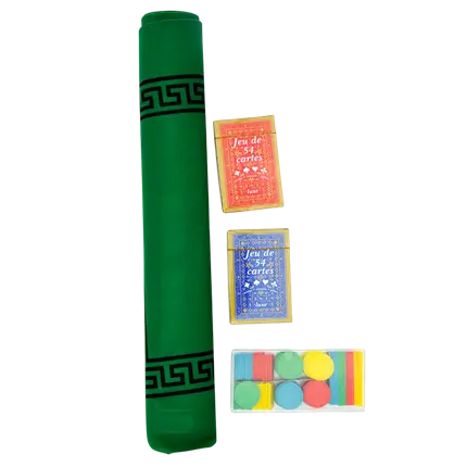 Pakke med spillemåtter + 2 sæt kort + 100 jetoner