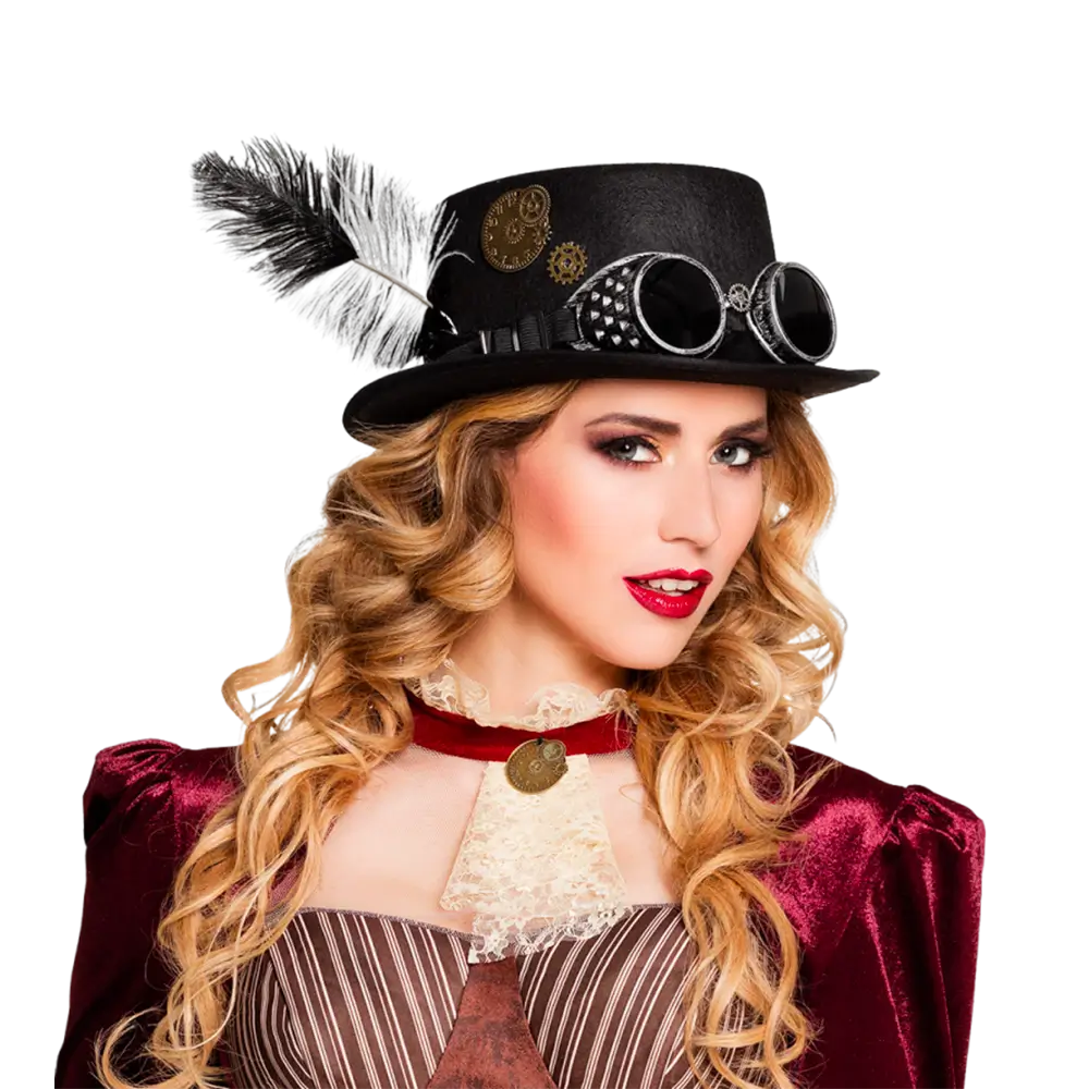 Steampunk-cylinderhat med briller og strudsefjer