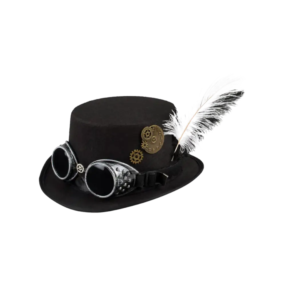 Steampunk-cylinderhat med briller og strudsefjer