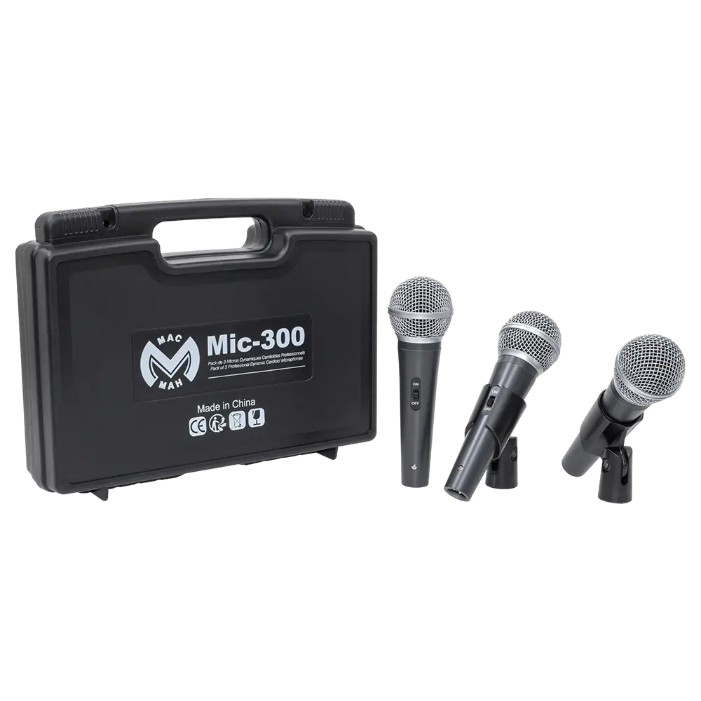 Dynamisk mikrofon "MIC 300" Mac Mah – Pakke med 3 kablede mikrofoner med kuffert, klemmer, superkardioide, XLR