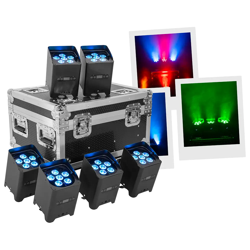 LED-projektører "IZY Glow Set" Mac Mah – 6×15W RGBWA-UV, trådløs DMX, genopladelige