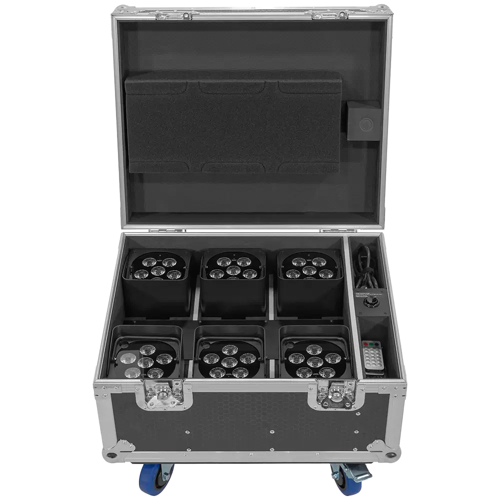 LED-projektører "IZY Glow Set" Mac Mah – 6×15W RGBWA-UV, trådløs DMX, genopladelige