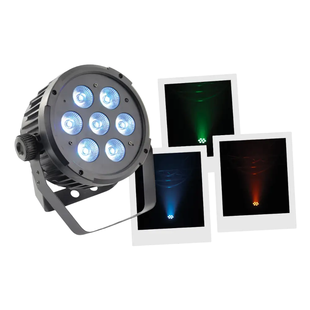 7x10W 5in1 LED PAR-projektør - 7 RGBWA-lysdioder, DMX, auto- og musiktilstande og fjernbetjening