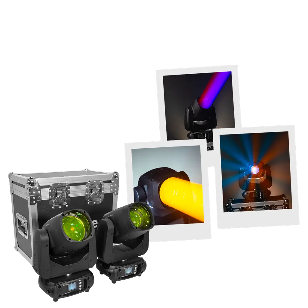 Pakke med 2 100 W stråleprojektorer i flightcase - Evo Beam 100 CR Set Evolite - DMX-kontrol og flerfarvede LED'er