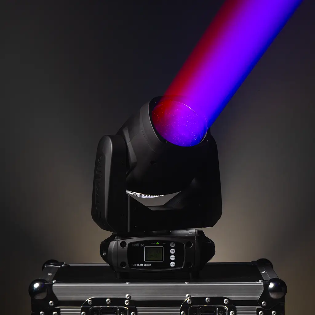 Pakke med 2 100 W stråleprojektorer i flightcase - Evo Beam 100 CR Set Evolite - DMX-kontrol og flerfarvede LED'er