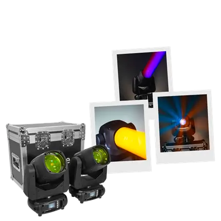 Pakke med 2 100 W stråleprojektorer i flightcase - Evo Beam 100 CR Set Evolite - DMX-kontrol og flerfarvede LED'er