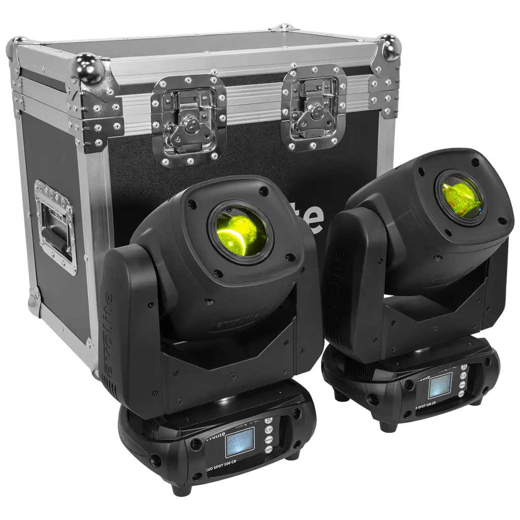 Pakke med 2 spotlights 100 W i flightcase - Evo Spot 100 CR Set Evolite - Multicolour LED & DMX control