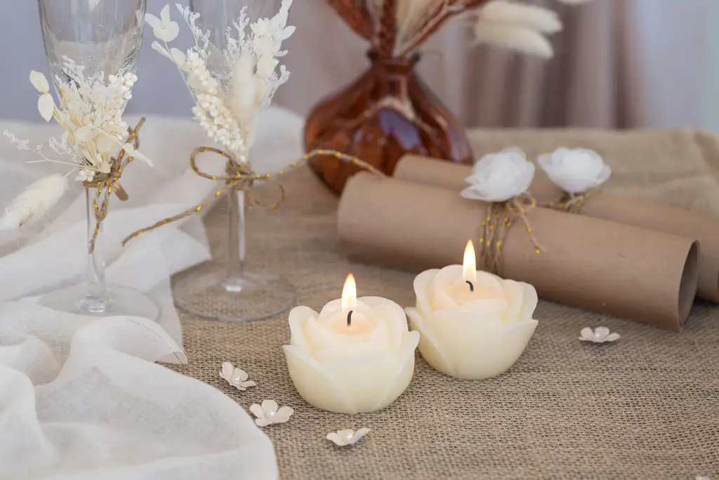 Lys med skulpturel blomst af rose - Elfenben