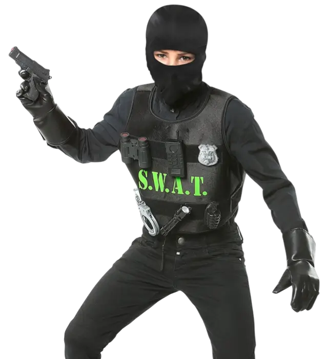 "SWAT (skudsikker vest, skilt, pistol, håndjern, radio, lommelygte, granat, kikkert)