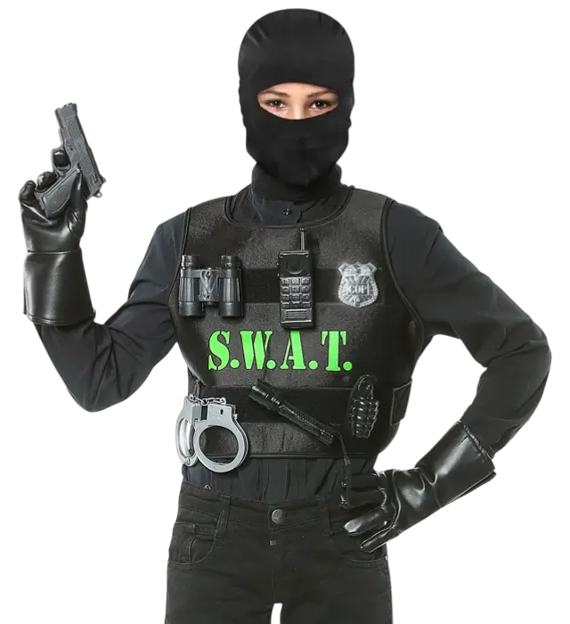 "SWAT (skudsikker vest, skilt, pistol, håndjern, radio, lommelygte, granat, kikkert)