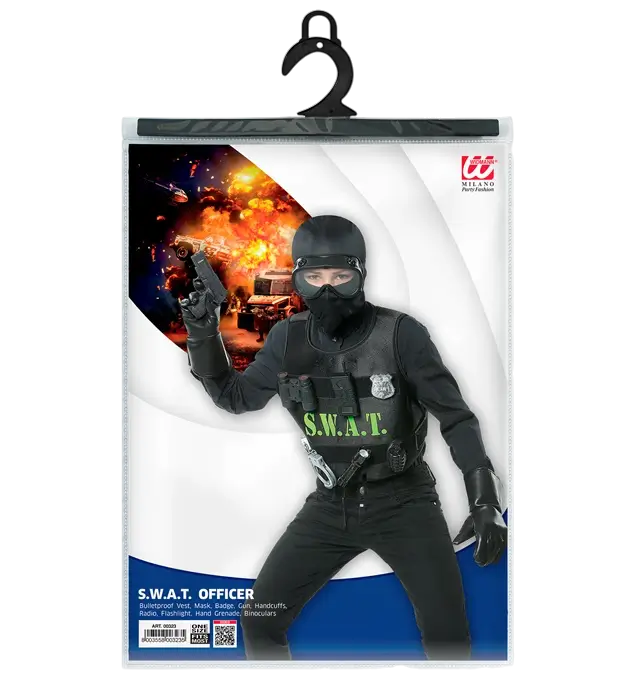 "SWAT (skudsikker vest, skilt, pistol, håndjern, radio, lommelygte, granat, kikkert)