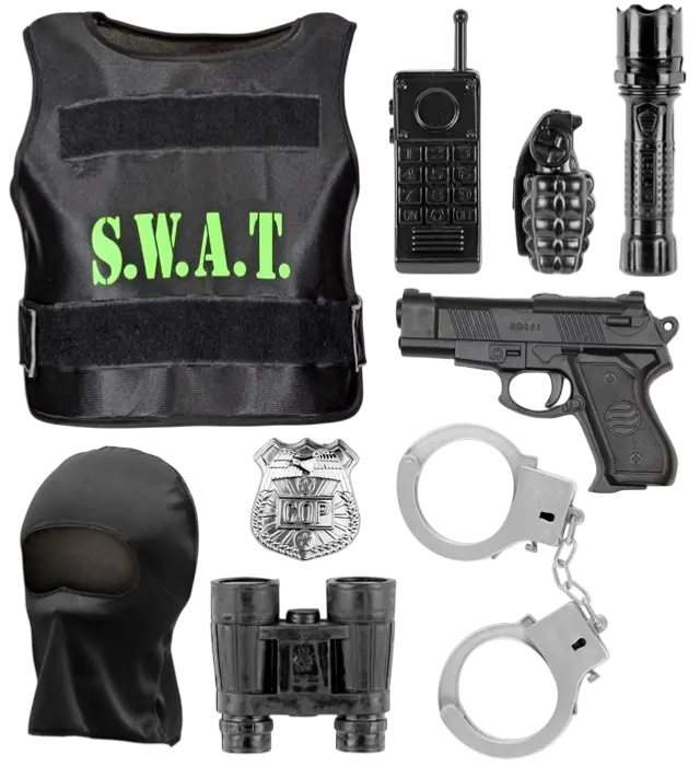 "SWAT (skudsikker vest, skilt, pistol, håndjern, radio, lommelygte, granat, kikkert)
