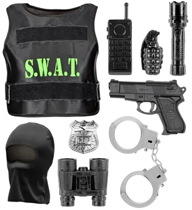SWAT (skudsikker vest, skilt, pistol, håndjern, radio, lommelygte, granat, kikkert)