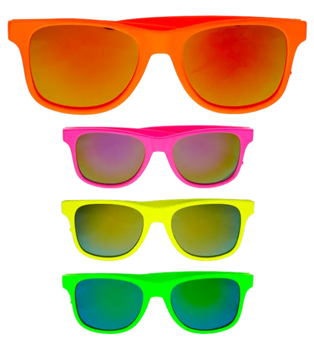 Neon 80’er Briller med Revo Linser – 4 Assorterede Farver – Disco Kostume Tilbehør