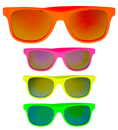 Neon 80’er Briller med Revo Linser – 4 Assorterede Farver – Disco Kostume Tilbehør