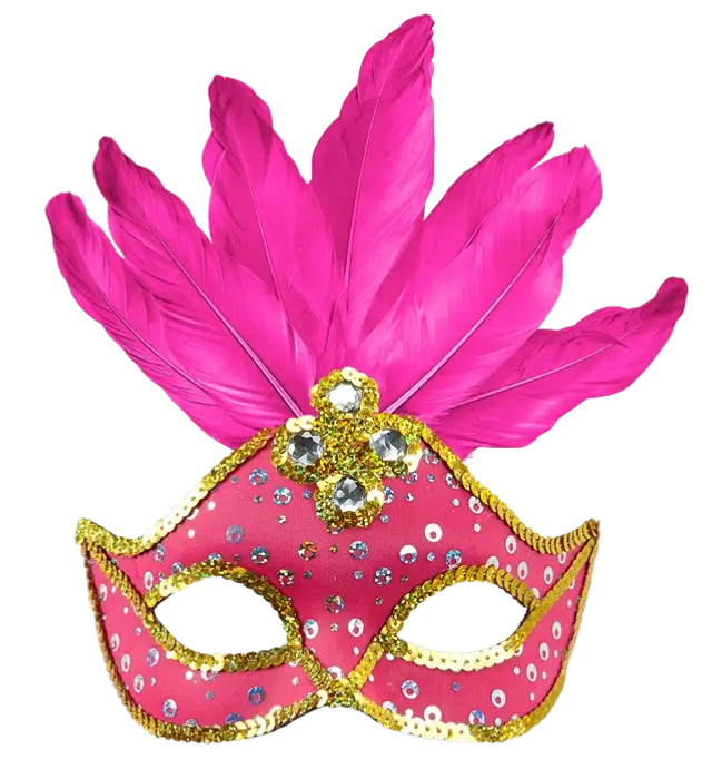 Karneval Loup Maske Brasilien Neon Pink med Guld Pailletter og Fjer – Kostume Tilbehør