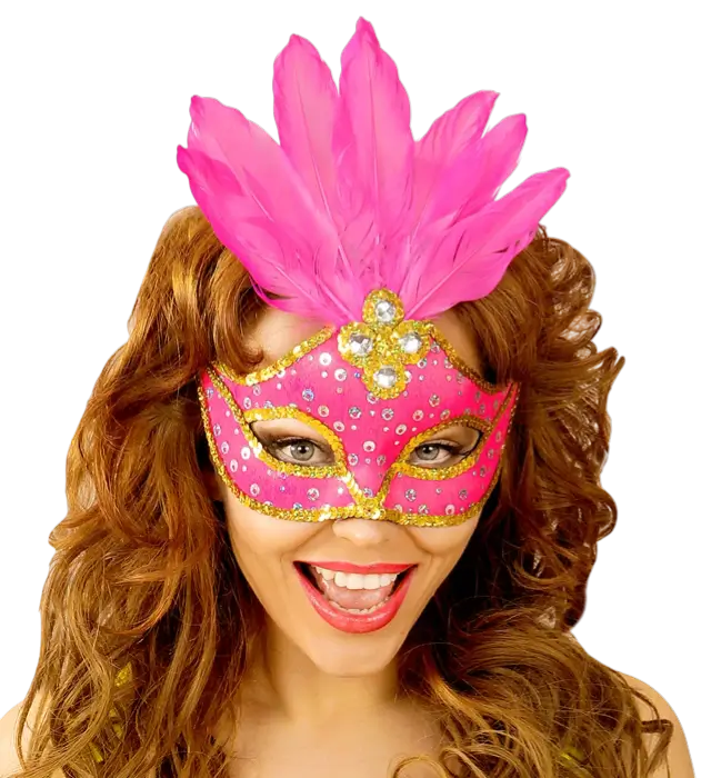 Karneval Loup Maske Brasilien Neon Pink med Guld Pailletter og Fjer – Kostume Tilbehør