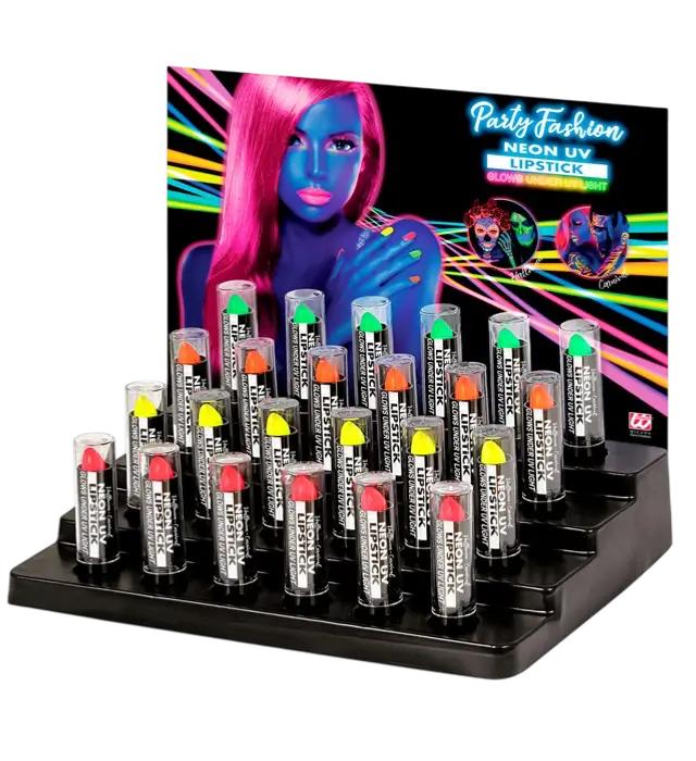 Displayæske med 24 Neon Læbestifter 6 ml – Pink, Gul, Grøn, Orange – Makeup til Kostume