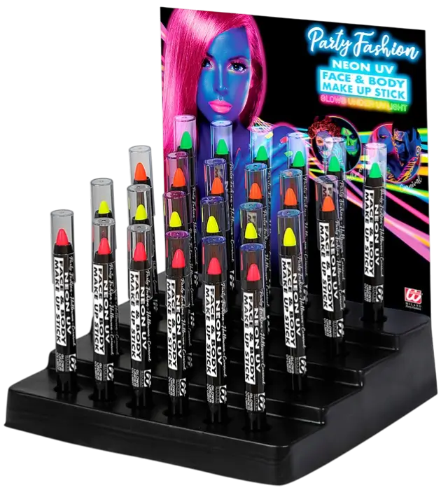 Displayæske med 24 Neon Makeupblyanter 3,5 ml – Pink, Gul, Grøn, Orange – Makeup til Kostume