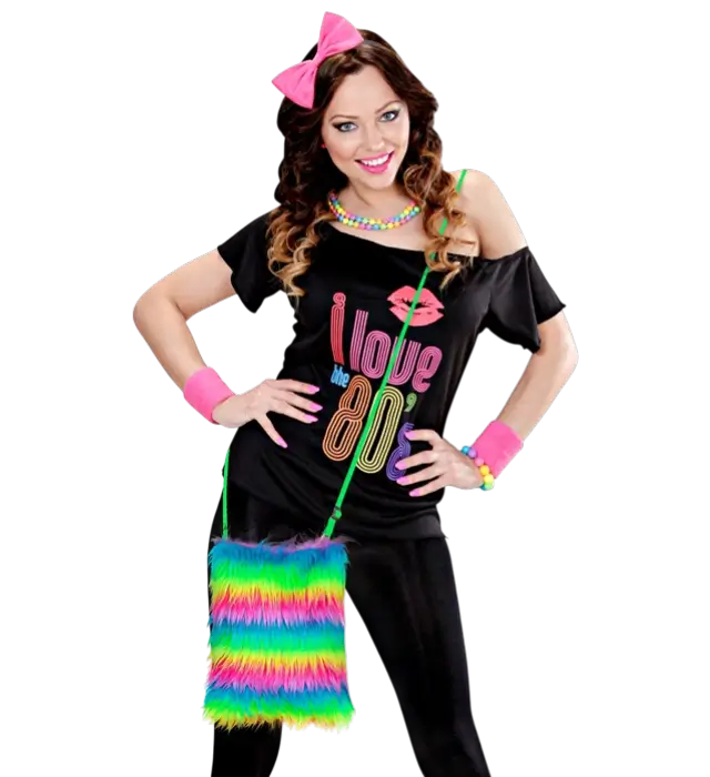 Håndtaske i Neon Regnbue Kunstpels – Pop Disco Kostume Tilbehør