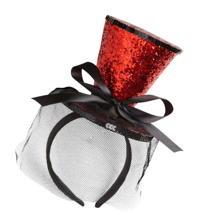 Mini Rød Paillet Hat på Hårbånd med Sløjfe og Slør – Cabaret Kostume Tilbehør