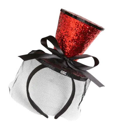 Mini Rød Paillet Hat på Hårbånd med Sløjfe og Slør – Cabaret Kostume Tilbehør