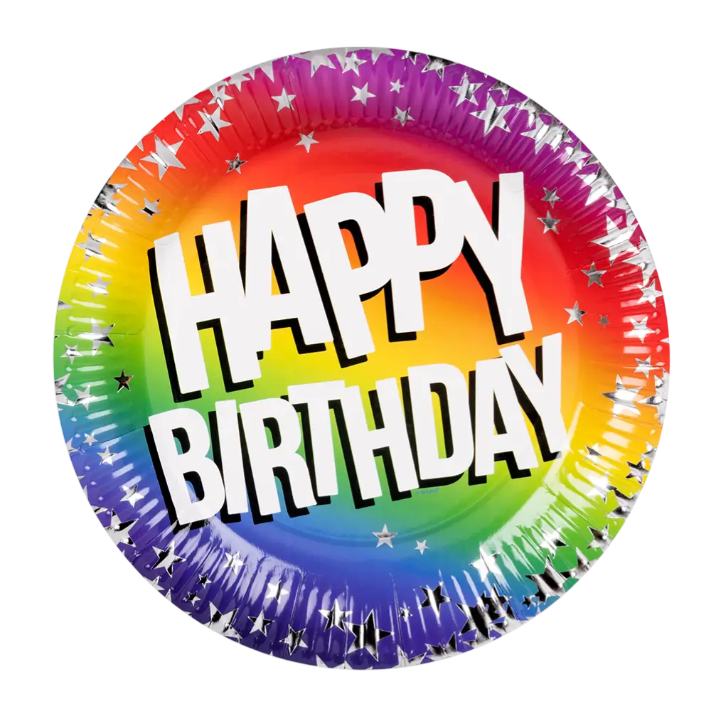 Sæt med 10 Rainbow 'Happy birthday' paptallerkener (XL)
