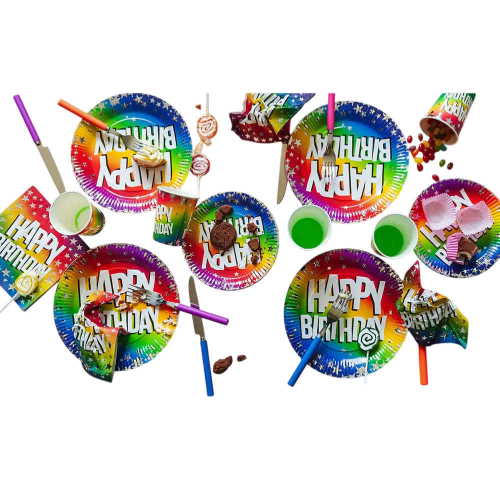 Sæt med 10 Rainbow 'Happy birthday' paptallerkener (XL)
