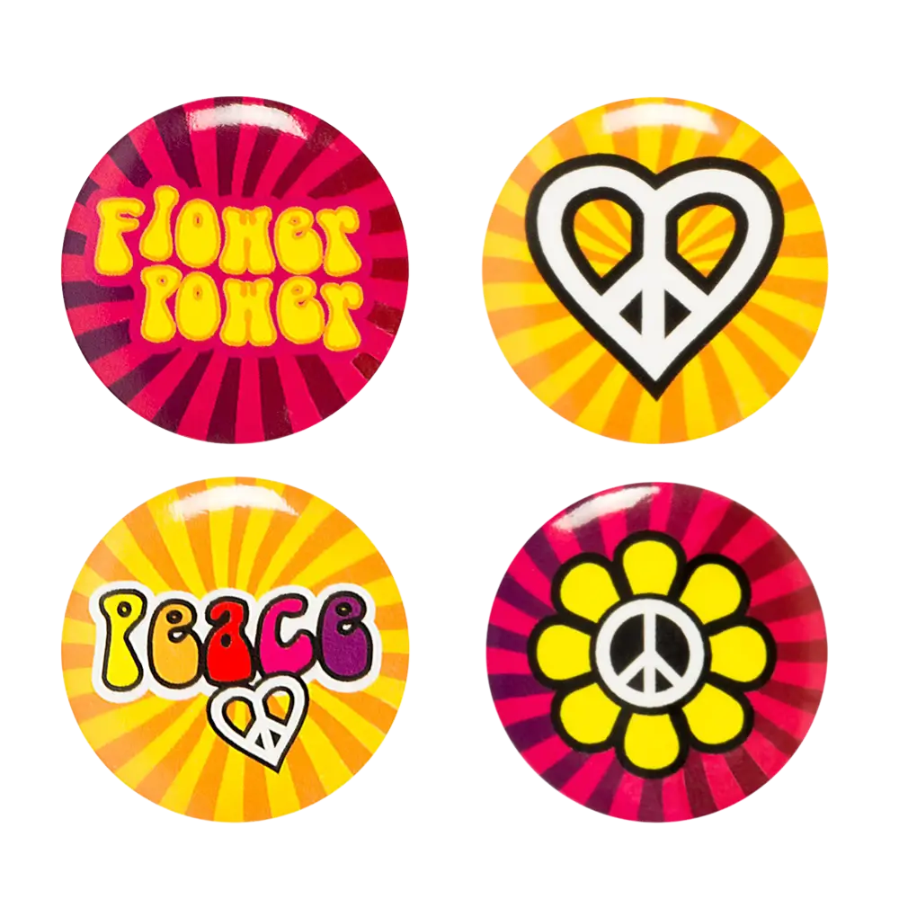 Pakke med 4 hippie-badges - Flower Power-tilbehør