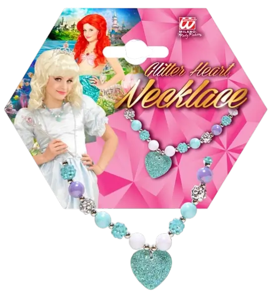 Farvet perlehalskæde med blåt strass-hjerte