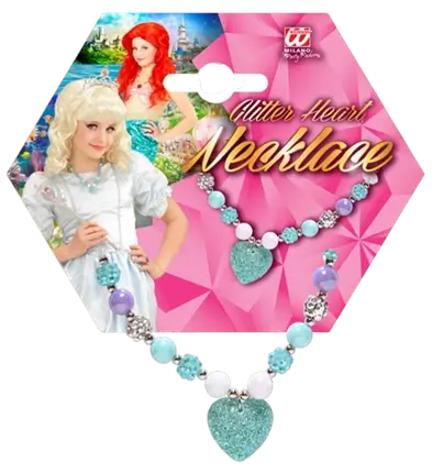 Farvet perlehalskæde med blåt strass-hjerte