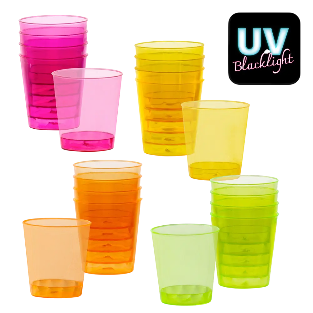 20 genanvendelige UV-fluorescerende shotglas på 50 ml