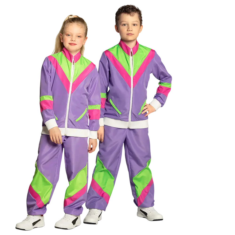 Neonlilla retro træningsdragt til børn - 10-12 år
