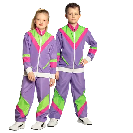Neonlilla retro træningsdragt til børn - 10-12 år