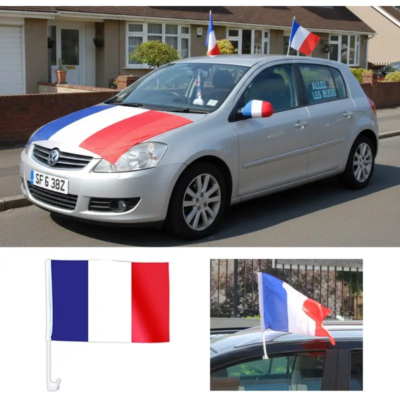FRANCE polyester bilflag med stang 45 x 30 cm