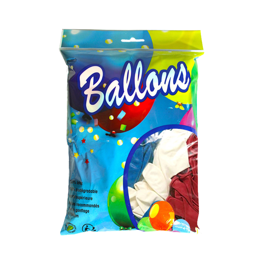 100 blå, hvide og røde balloner 30 cm