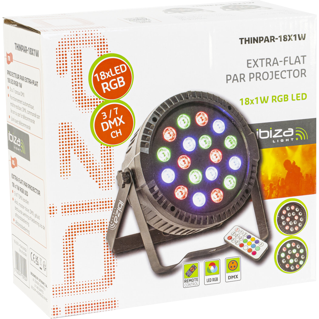 Projektor PAR EXTRA-PLAT - 18 Leds RGB 1W (6 røde, 6 grønne, 6 blå) - Ibiza light