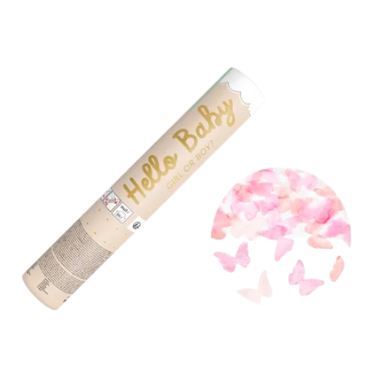 Gender Reveal konfettikanon med pink sommerfugle 20 cm