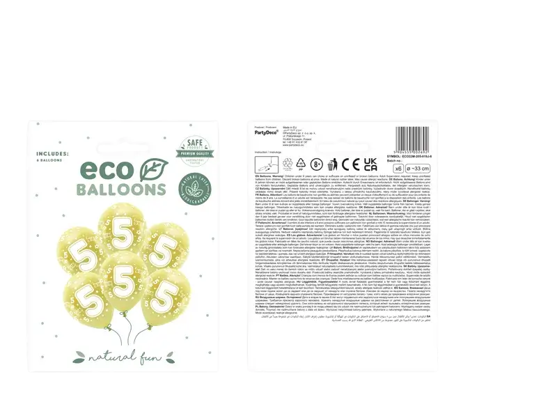 6 Eco 33 cm balloner, tal ''5'', guld