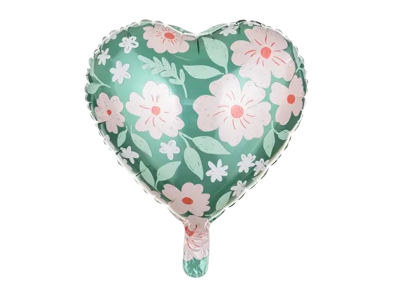 Grøn hjerteballon med blomster 45 cm