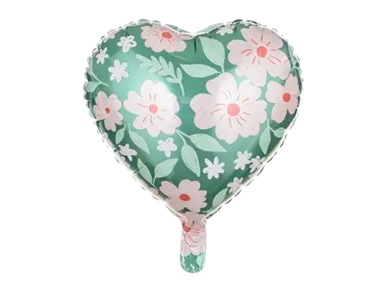 Grøn hjerteballon med blomster 45 cm