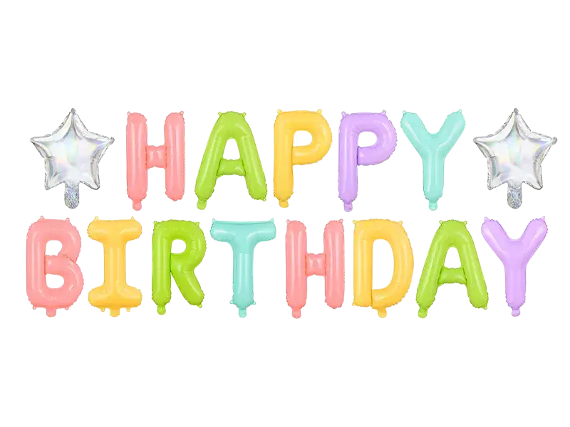 Pastelfarvet Happy Birthday-ballon med stjerner - 395 x 35 cm