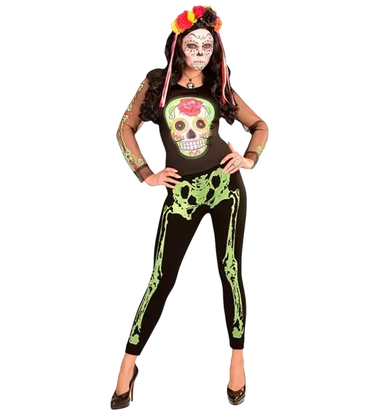 Fluorescerende grønne skelet-leggings størrelse S/M