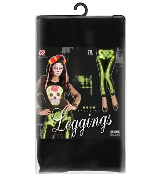 Fluorescerende grønne skelet-leggings størrelse S/M