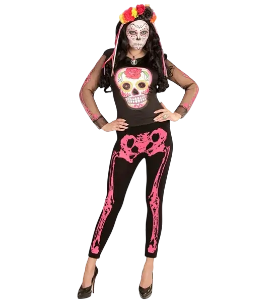 Pink fluorescerende skelet-leggings størrelse S/M