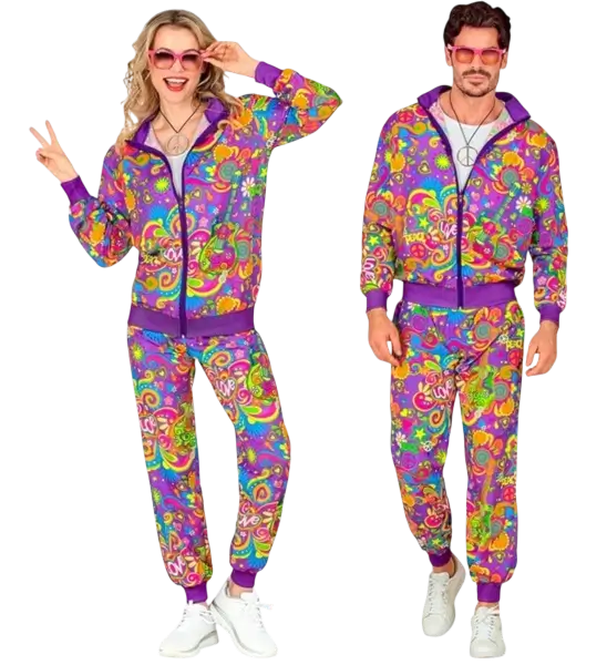 Fluorescerende flower power hippie jumpsuit - S