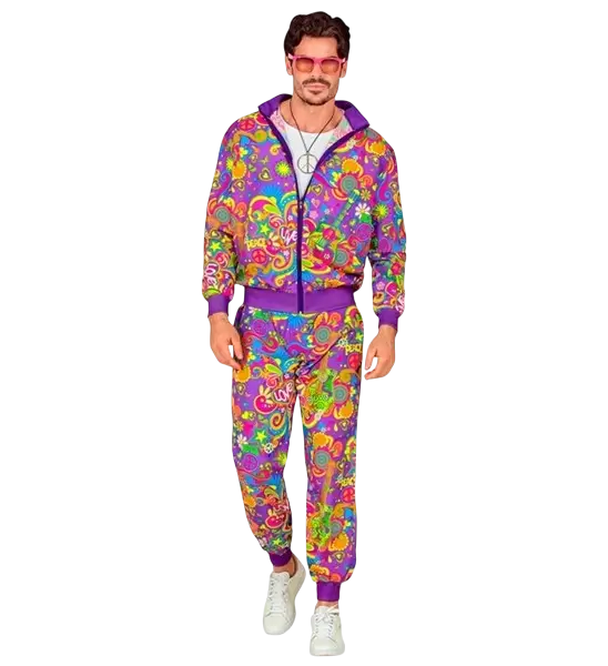 Fluorescerende flower power hippie jumpsuit - L