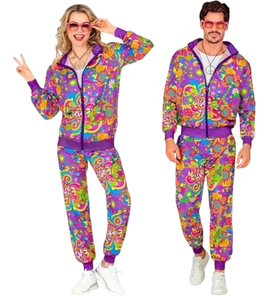 Fluorescerende flower power hippie jumpsuit - L