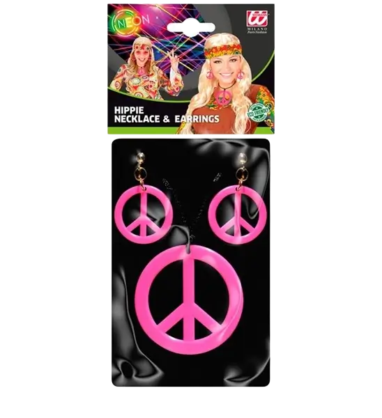 Fluorescerende pink hippie-øreringe og -halskæde