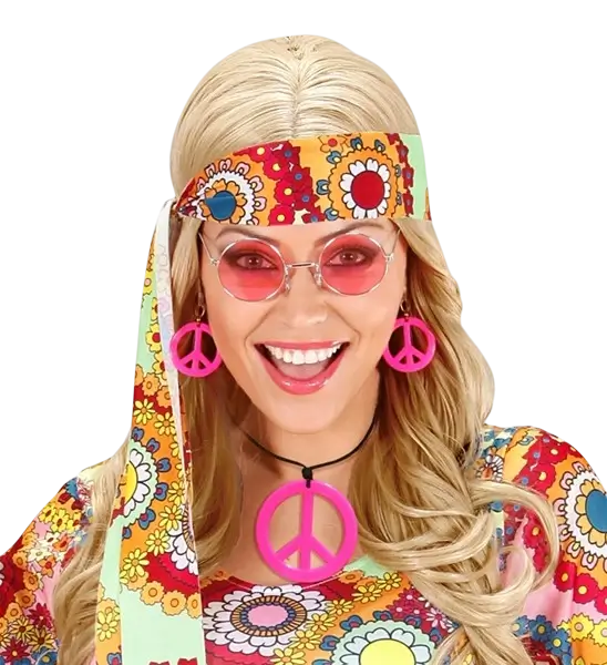 Fluorescerende pink hippie-øreringe og -halskæde